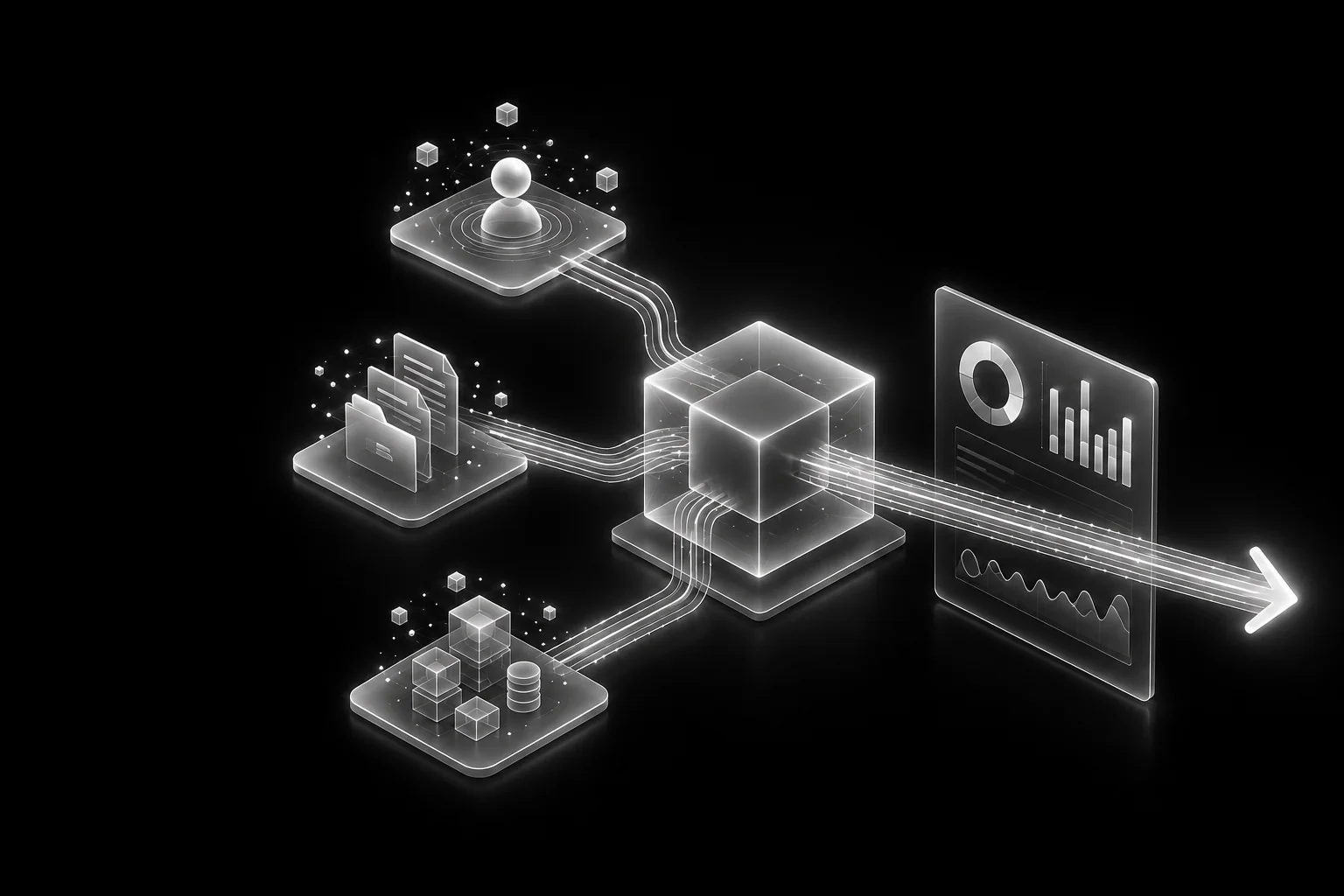 Business data flowing through an AI decision system into a recommended action